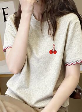 纯棉蕾丝袖口拼接短袖印花款圆领t恤2026夏季新款百搭打底上衣女