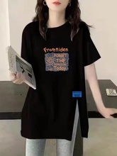 正品2025年春夏季新款纯棉黑色短袖t恤女中长款不规则开叉上衣潮