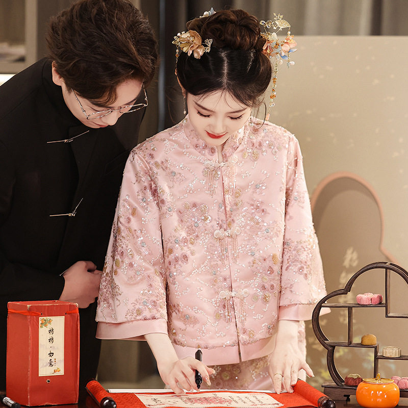 粉色新中式敬酒服新娘女2025新款旗袍两件套装订婚礼服裙礼服女