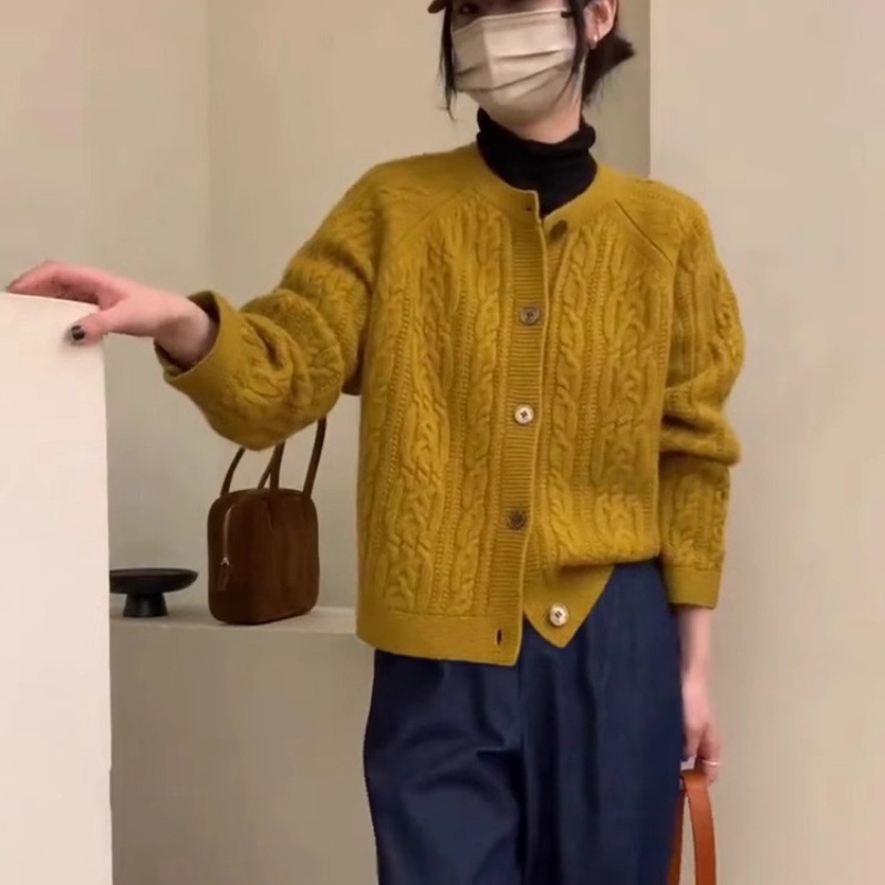爆款羊毛衫女开衫外套毛衣女加厚复古单排扣圆领针织衫麻花促销