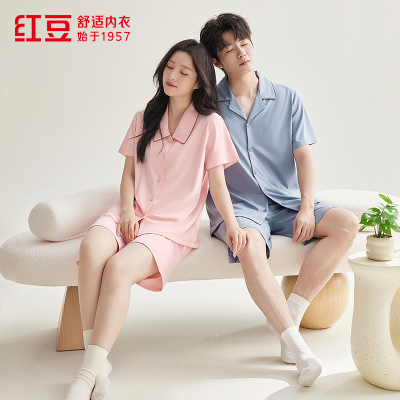 红豆男女短袖裤全棉睡衣套装