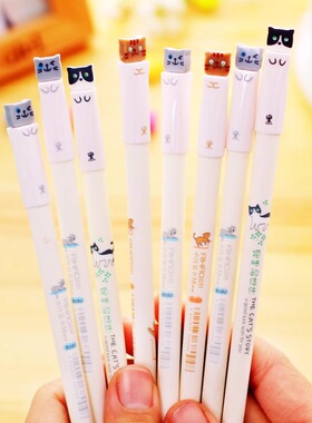 爱好可爱猫咪卡通中性笔0.38mm全针管水笔小学生可爱小清新超萌文具用品顺滑黑色签字笔8080