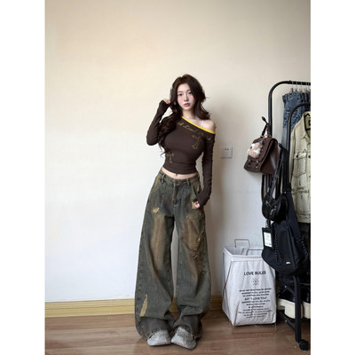 高个子加长美式复古破洞牛仔裤女