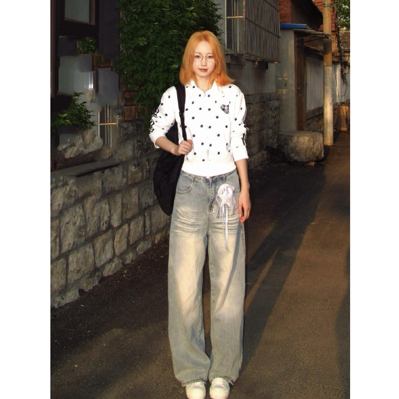 加长设计感高腰阔腿牛仔裤女宽松