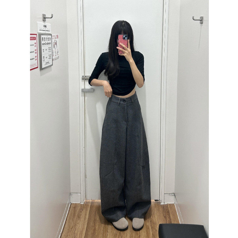 175高个子加长毛呢高腰休闲裤女美式复古垂感宽松阔腿拖地裤秋冬