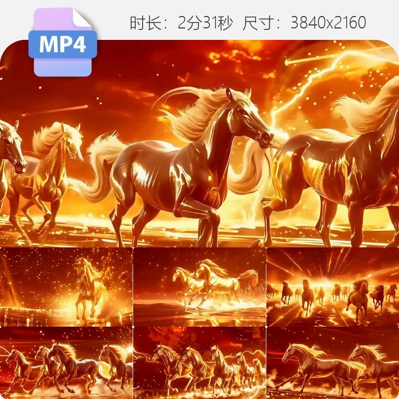高清2026震撼马年金色骏马万马奔腾粒子光线穿梭大气开场视频素材
