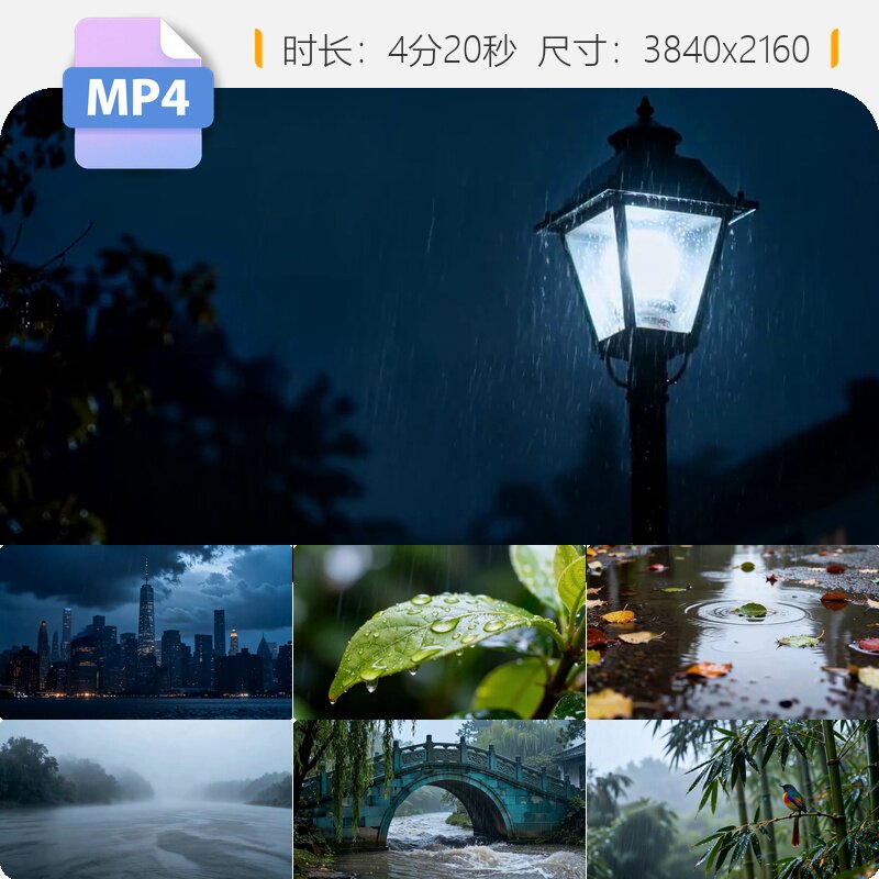 高清下雨天城市大雨中式屋檐雨景春天季节合集暴镜头慢动作素材