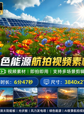 高清太阳能板光伏板风力发电塔绿色能源AI夜景航拍视频素材