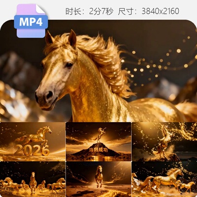高清2026金色骏马贺岁三维动画 大气震撼马奔腾金马转场视频素材