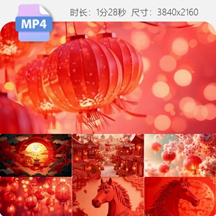 高清马年国风喜庆春节红灯笼剪纸梅花祥瑞古建筑宫灯视频素材