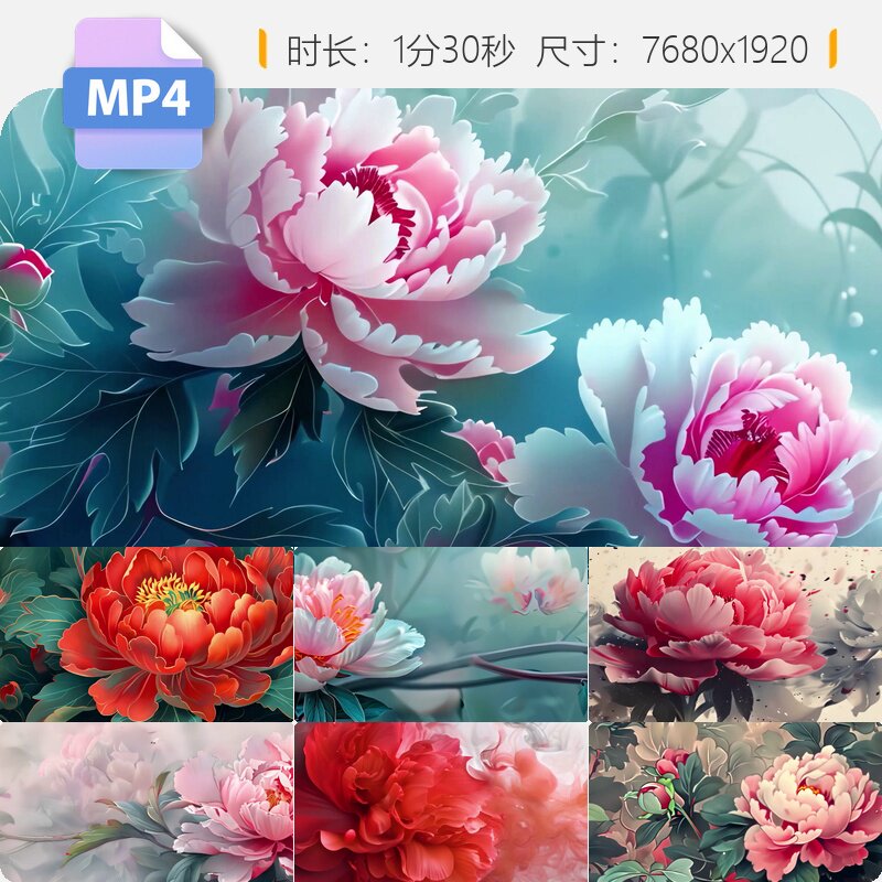 高清国潮绚丽水墨牡丹花背景风中画意境唯美舞台京剧大屏视频素材