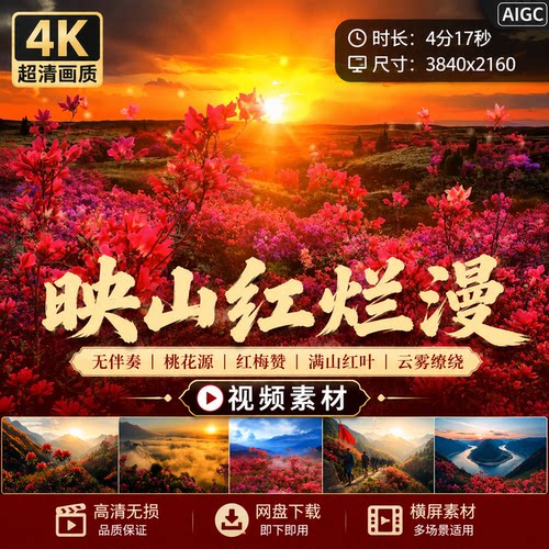 高清映山红无伴奏桃花源红梅赞满山红叶烂漫云雾缭绕风景视频素材