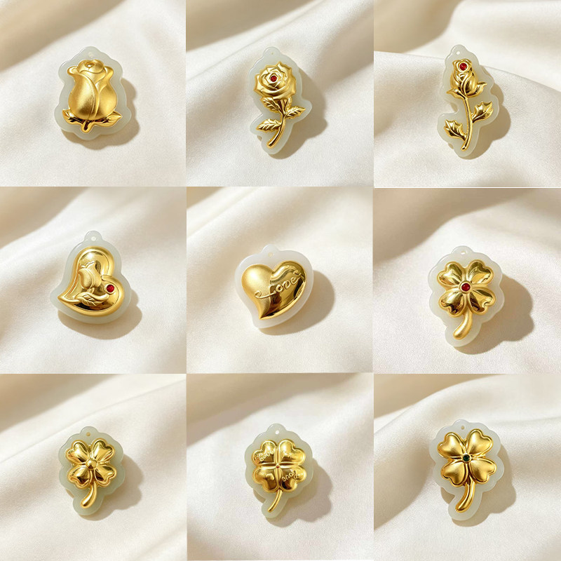 金镶玉吊坠女和田玉足金999玫项坠/吊坠