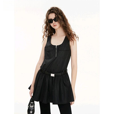 名媛风黑色连衣裙2025夏季新款时髦拉链烫钻无袖背心裙子女