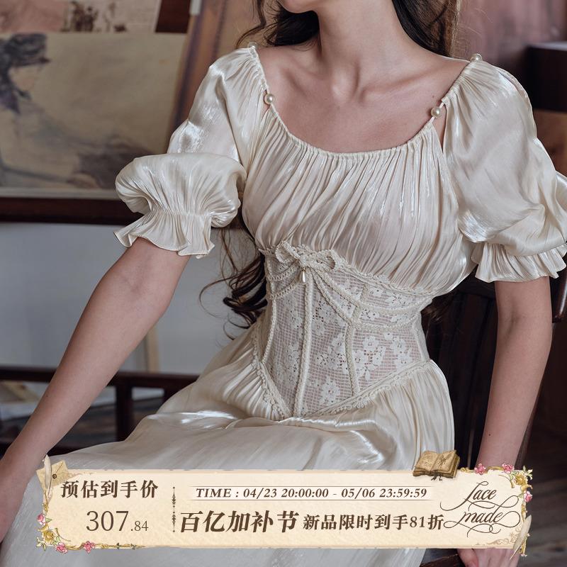 LaceMade 破茧成蝶 法式宫廷风蕾丝拼接鱼骨连衣裙白色通勤日常夏