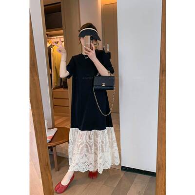 爱情魔鬼鱼 黑色圆领短袖蕾丝拼接连衣裙女2025夏季新款T恤裙长裙
