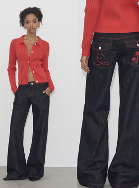 Grown Notold  原牛红线刺绣 宽松直筒牛仔长裤