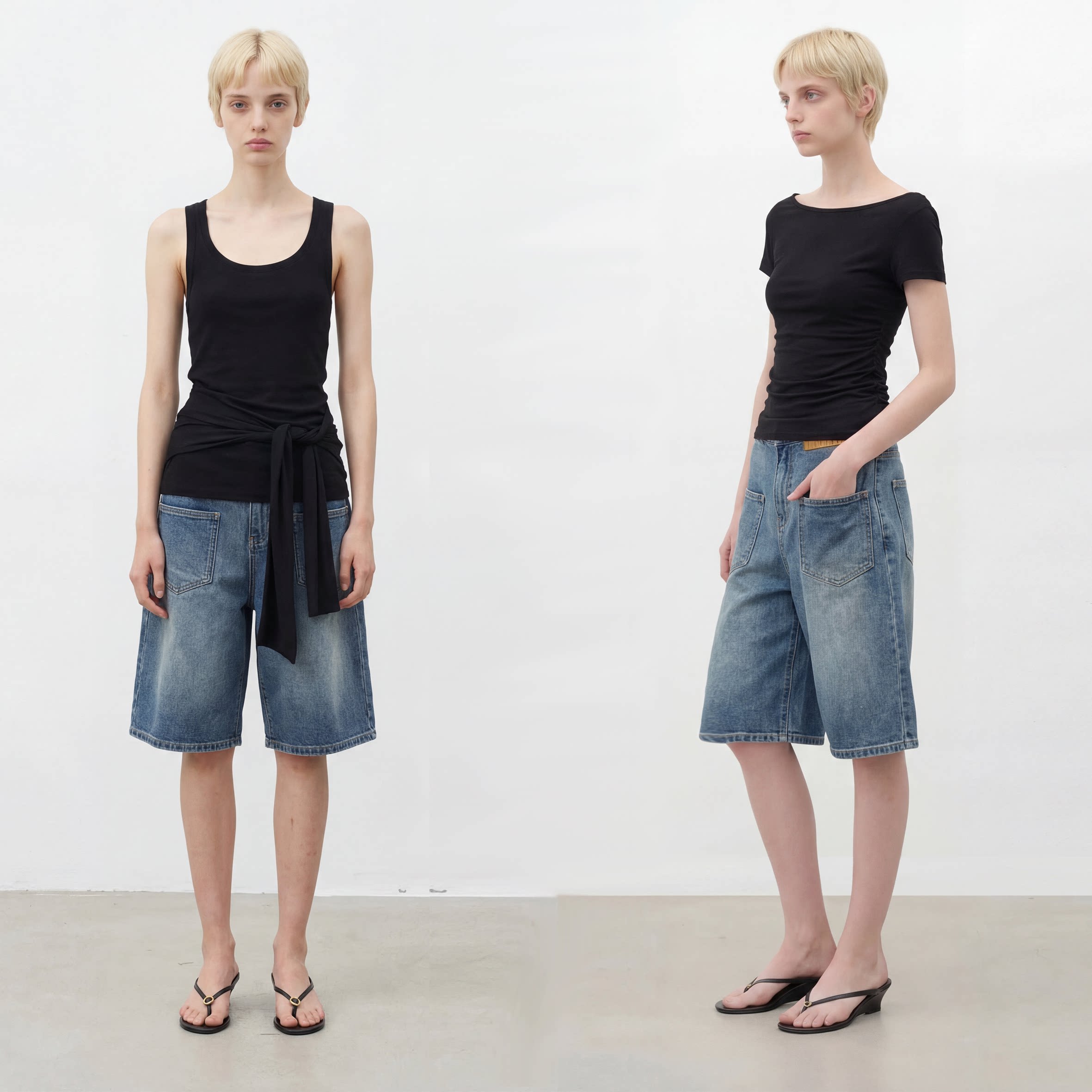 GROWN NOTOLD 复古水洗做旧蓝直筒宽松五分牛仔短裤中裤