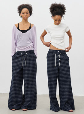 GROWN NOTOLD 阔腿宽松蓝色格纹抽绳休闲长裤