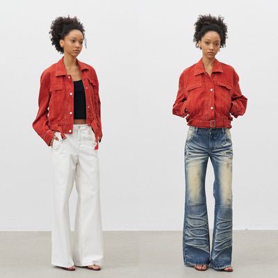 红色赤耳原牛短宽廓形夹克外套