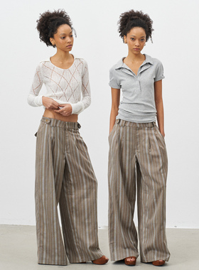 GROWN NOTOLD 复古咖色竖纹阔腿宽松长裤