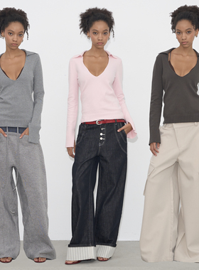 Grown Notold多色翻领大v领鸡心领慵懒松弛修身堆堆长袖T恤针织衫