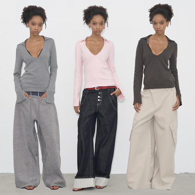 Grown Notold多色翻领大v领鸡心领慵懒松弛修身堆堆长袖T恤针织衫