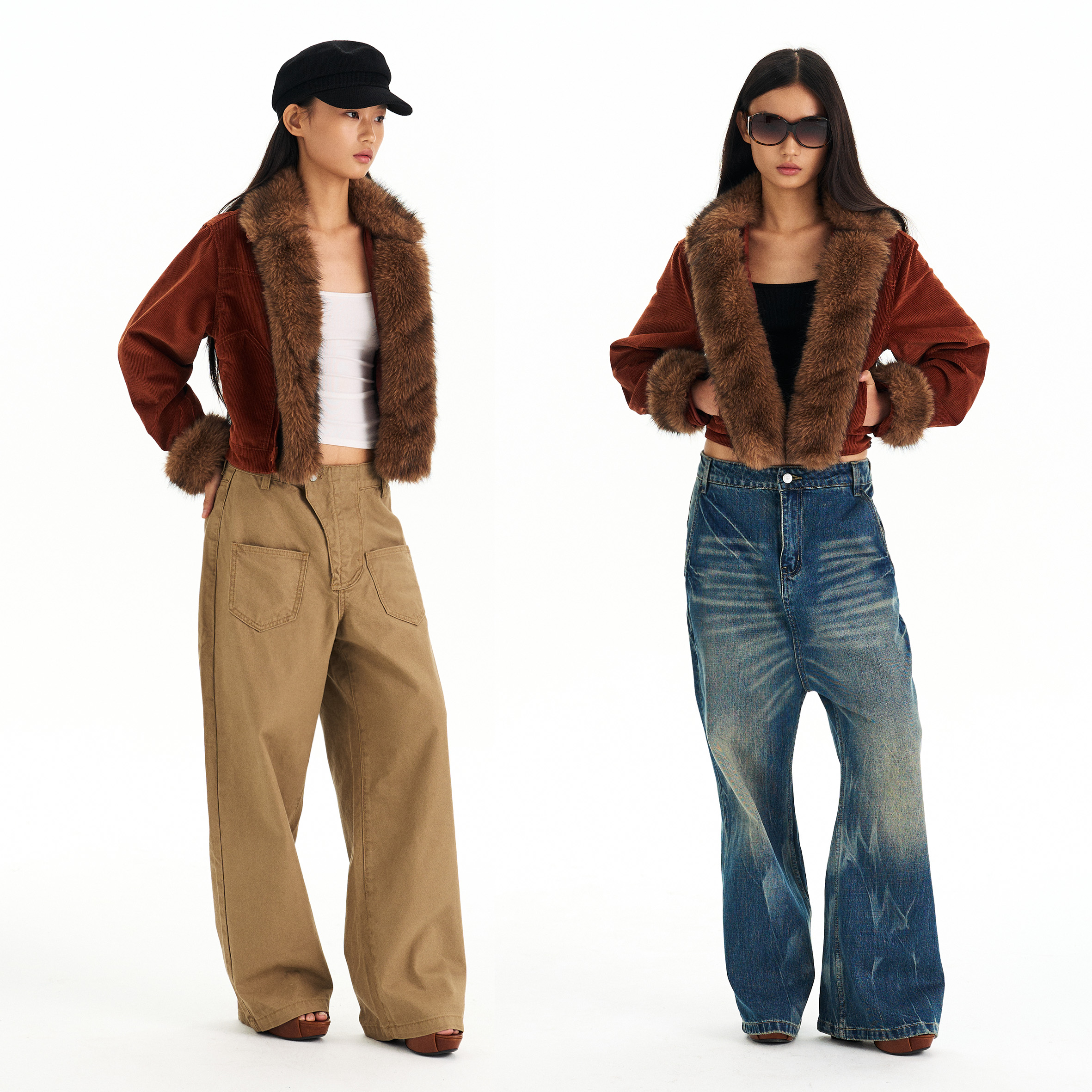 Grown Notold 毛绒领拼接灯芯绒短款夹克外套