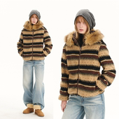 GROWN NOTOLD 费尔岛条纹羊羔毛保暖外套宽松连帽外套