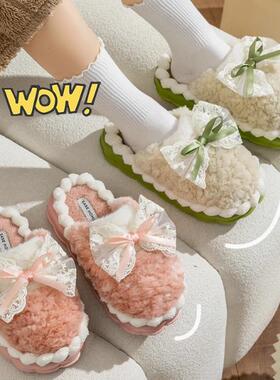 蝴蝶结棉拖鞋女士秋冬季天2024新款保暖防滑室内家居厚底毛毛拖鞋