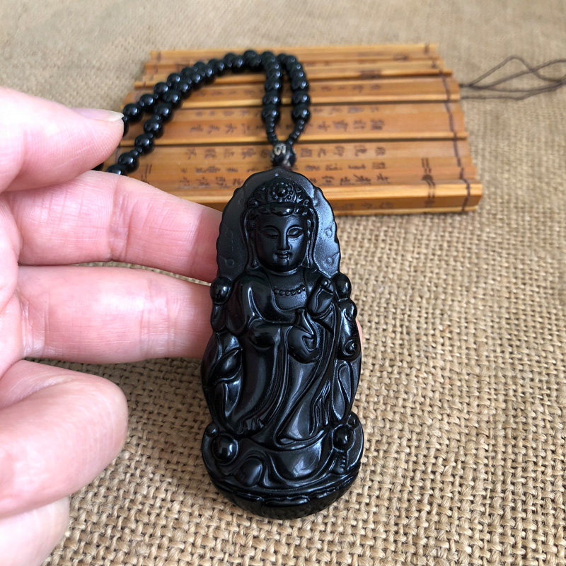 黑曜石站观音挂件证书护身符项链