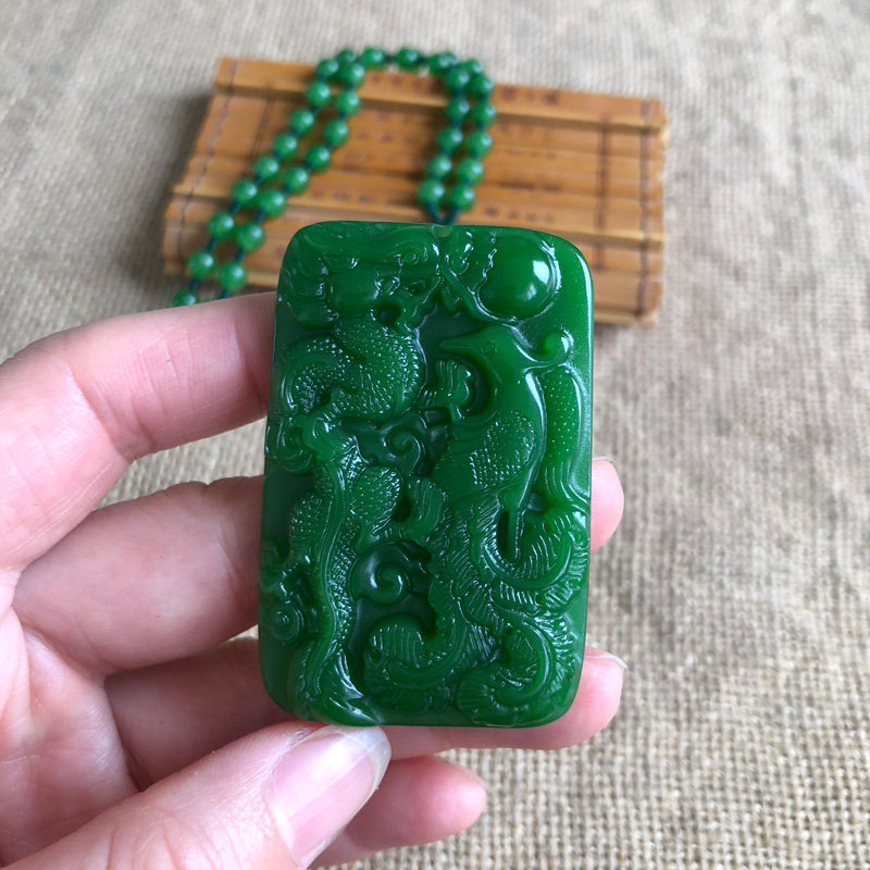 吊坠龙凤呈祥挂件项链菠菜绿碧玉