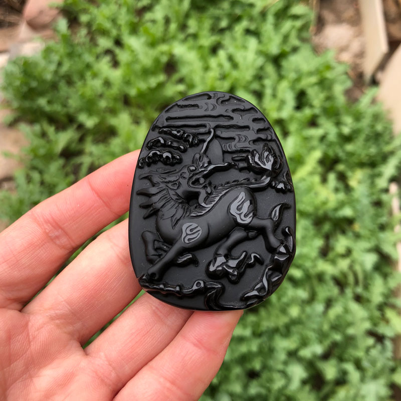 麒麟天然黑曜石招财纳福证书吊坠