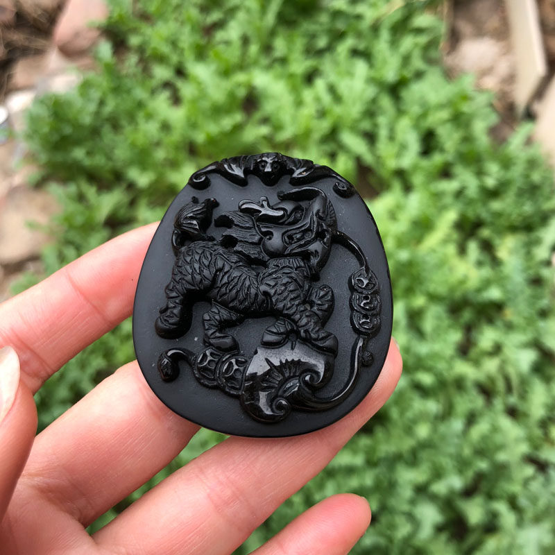 天然黑曜石麒麟招财纳福证书吊坠