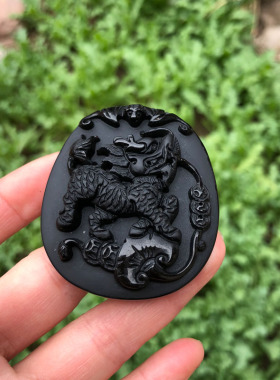 天然黑曜石麒麟招财纳福证书吊坠