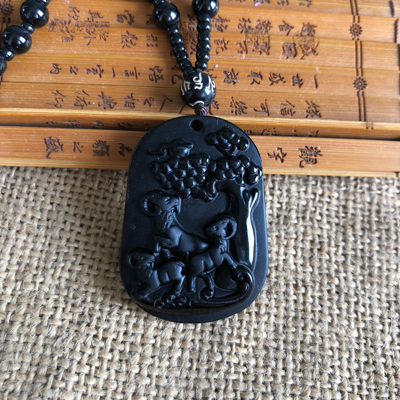 三羊开泰钥匙扣天然黑曜石吊坠