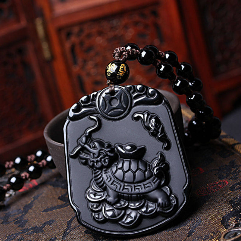 天然磨砂黑曜石龙龟吊坠赐福玄武神兽挂件项链玉牌送证书