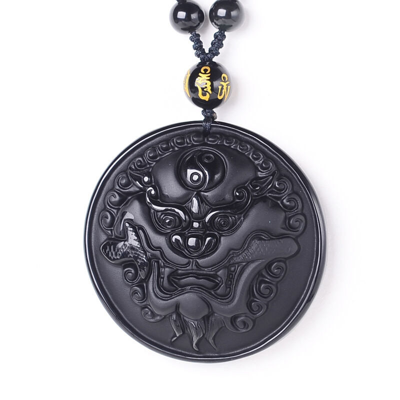 天然黑曜石太极八卦生肖龙头吊坠圆牌龙头咬剑挂件玉佩送证书