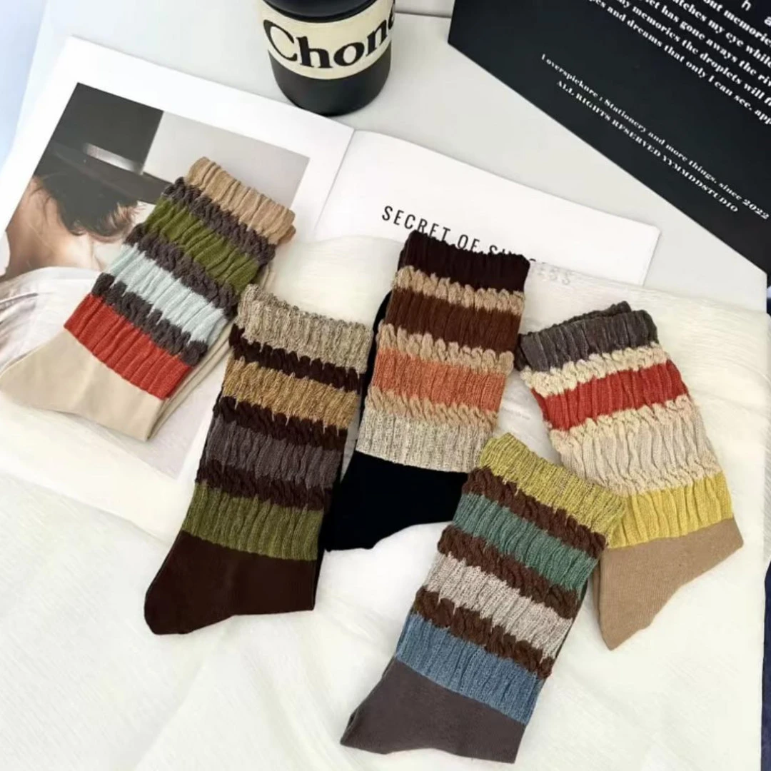 【秋冬上新】慵懒风运动潮款条纹彩虹复古高筒袜韩版ins堆堆袜