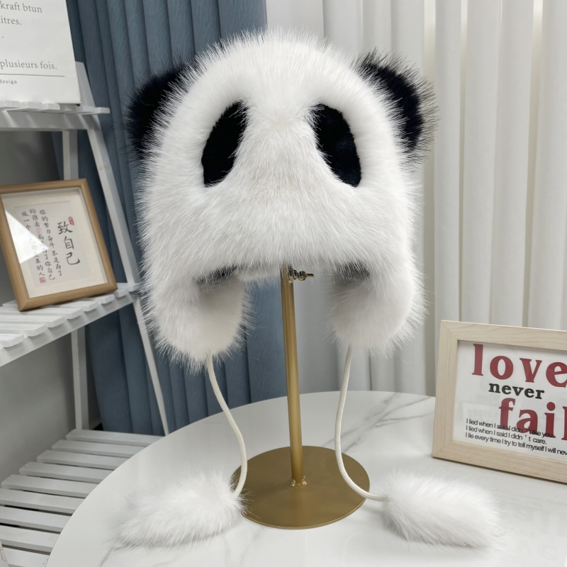 冬季女熊猫毛绒帽子可爱卡通