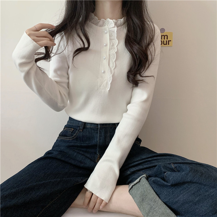 Real price shooting ~ Korean lace and wooden ear edge slim stand collar long sleeve T-shirt