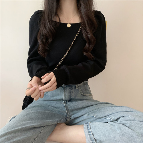 Real price real shot ~ New Korean square neck bubble sleeve short Pullover long sleeve T-shirt