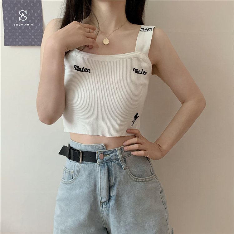 Real price real shot ~ new super hot girl short embroidery versatile knitting suspender vest