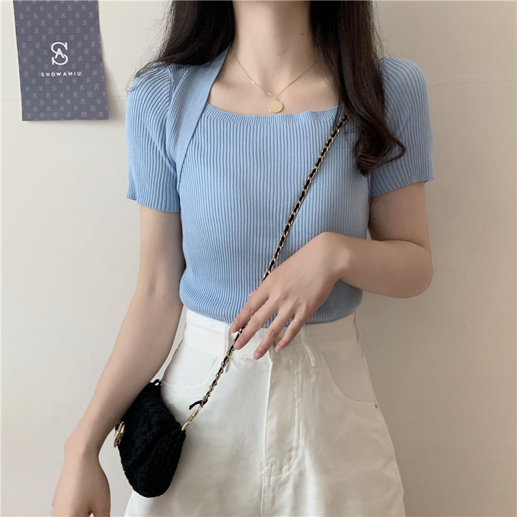 Real price real shot ~ summer new design feeling ice silk slim versatile knitted short sleeve T-shirt