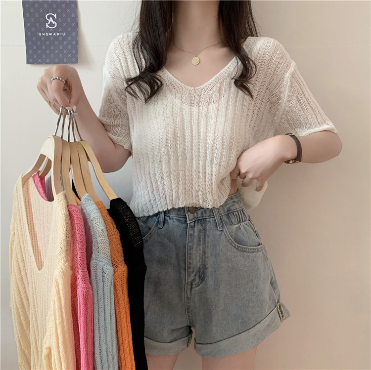 Summer new Korean style versatile V-neck short-sleeved sun protection knitted top