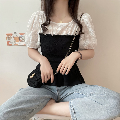 Real price and real shooting ~ New Summer stitching pleated waist with thin bubble sleeve shirt for women