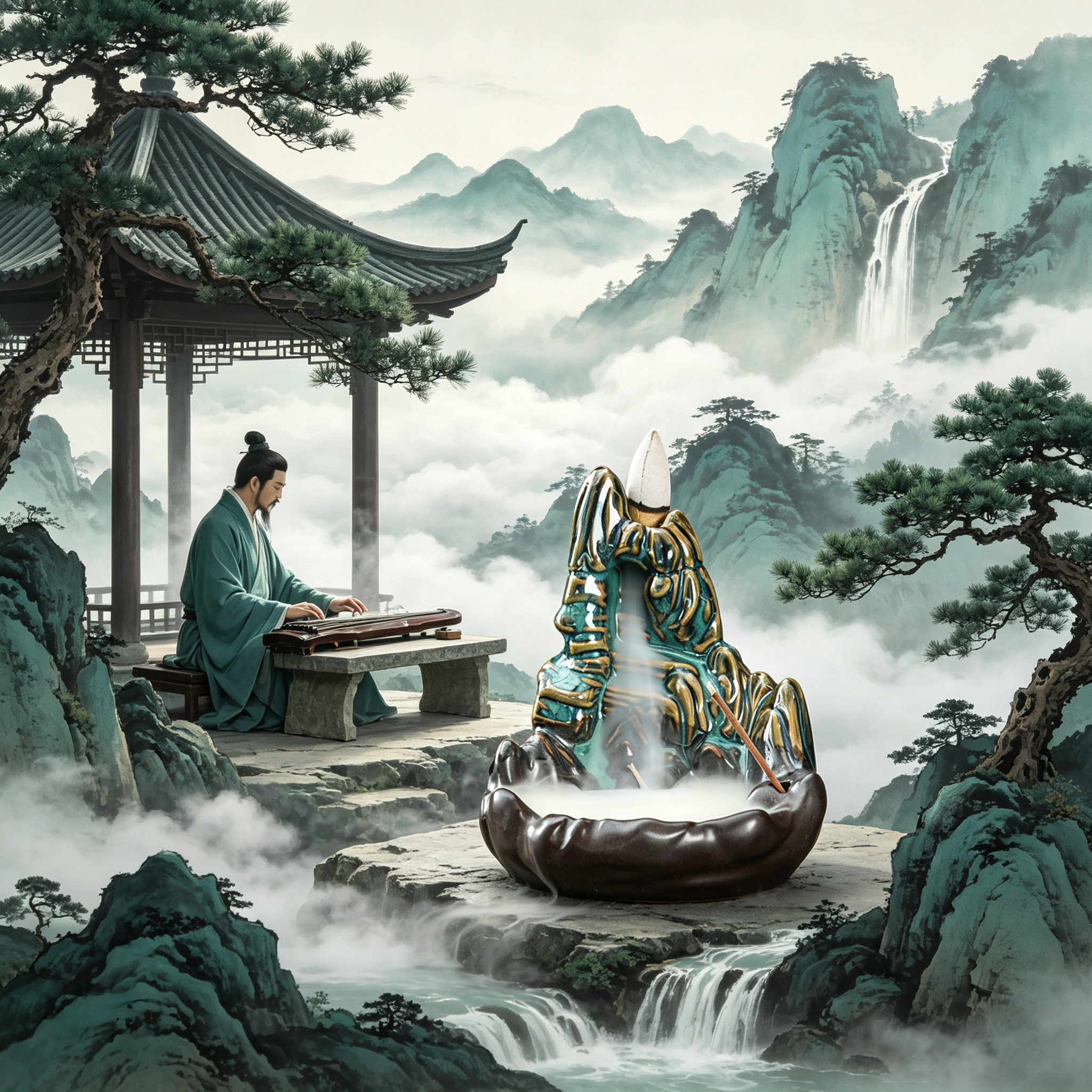流水生财陶瓷倒流香炉禅意摆件