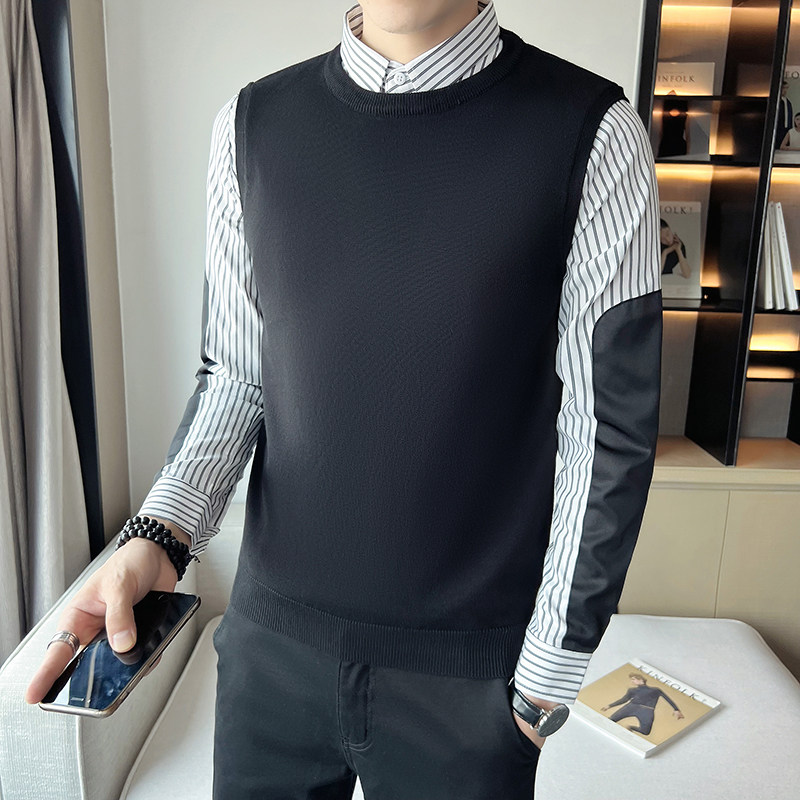 秋季假两件衬衫拼接针织毛衣男商务修身M1803-P95（加绒P115）,男装针织衫/毛衣,星座301D-6
