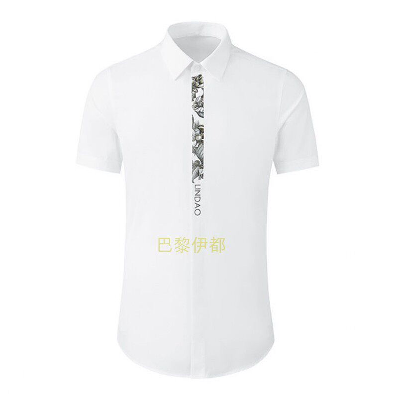 2023夏季欧美风精致印花纯棉休闲潮牌帅气修身个性百搭短袖男衬衫