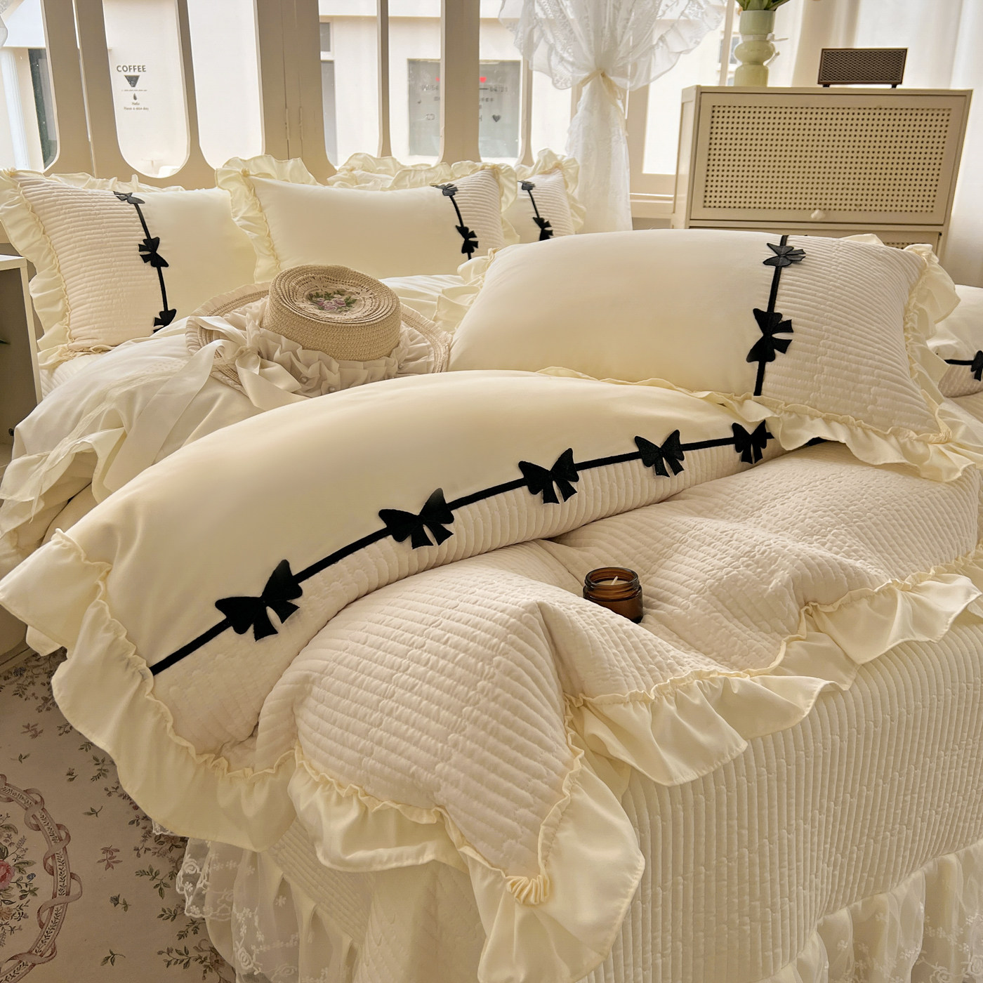 公主风纯色韩版床盖四件套夹棉床罩款纯棉被套全棉水洗棉床上用品